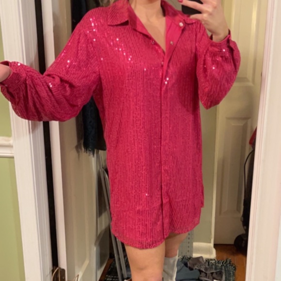 Pink Sequin Button Up Dress - Picture 2 of 3